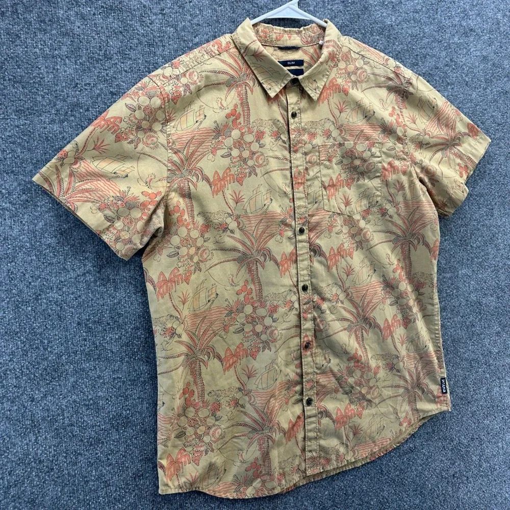 Prana Mens Slim Fit Short Sleeve Button Down Shirt Tan Palm Tree Print Large